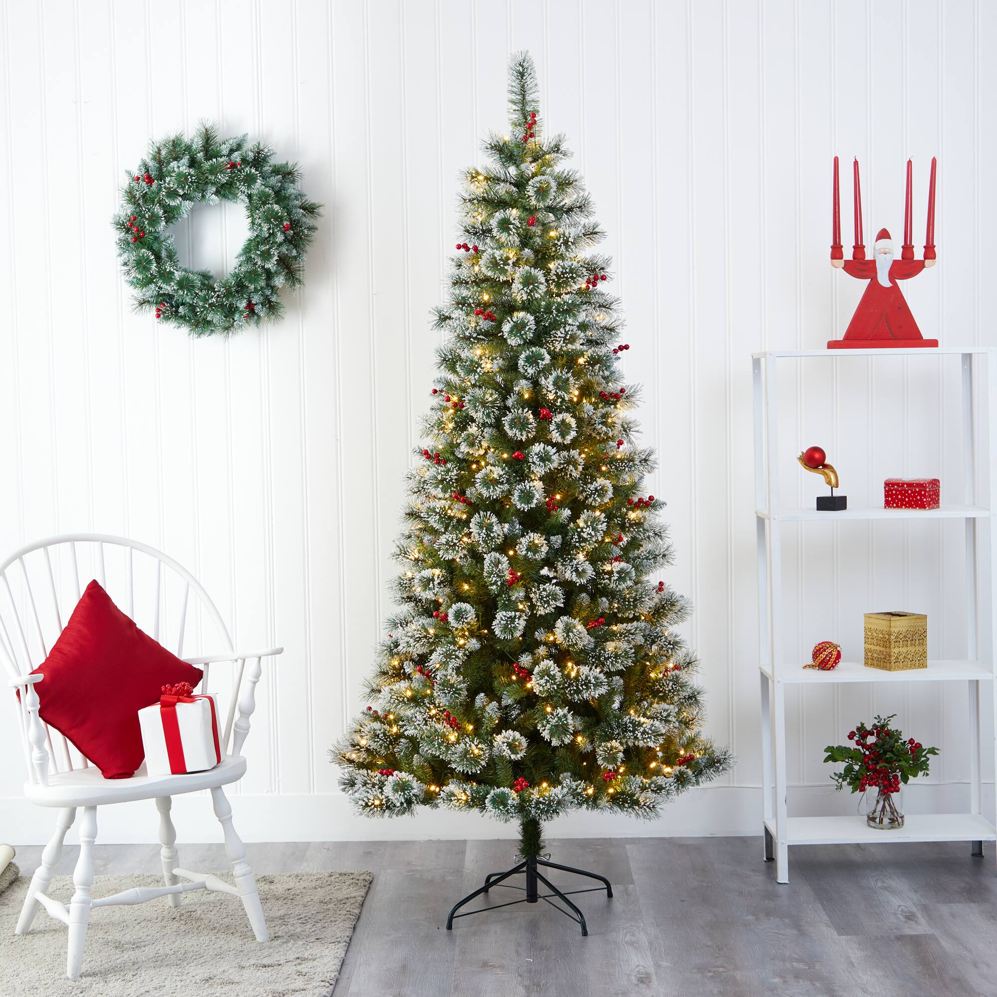 7ft. Pre-Lit Frosted Swiss Pine & Berries Artificial Christmas Tree with Clear LED Lights